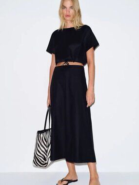 NEW Reformation Jordan Two Piece Short Sleeve Skirt Set Cotton Black | US 0 UK 4
